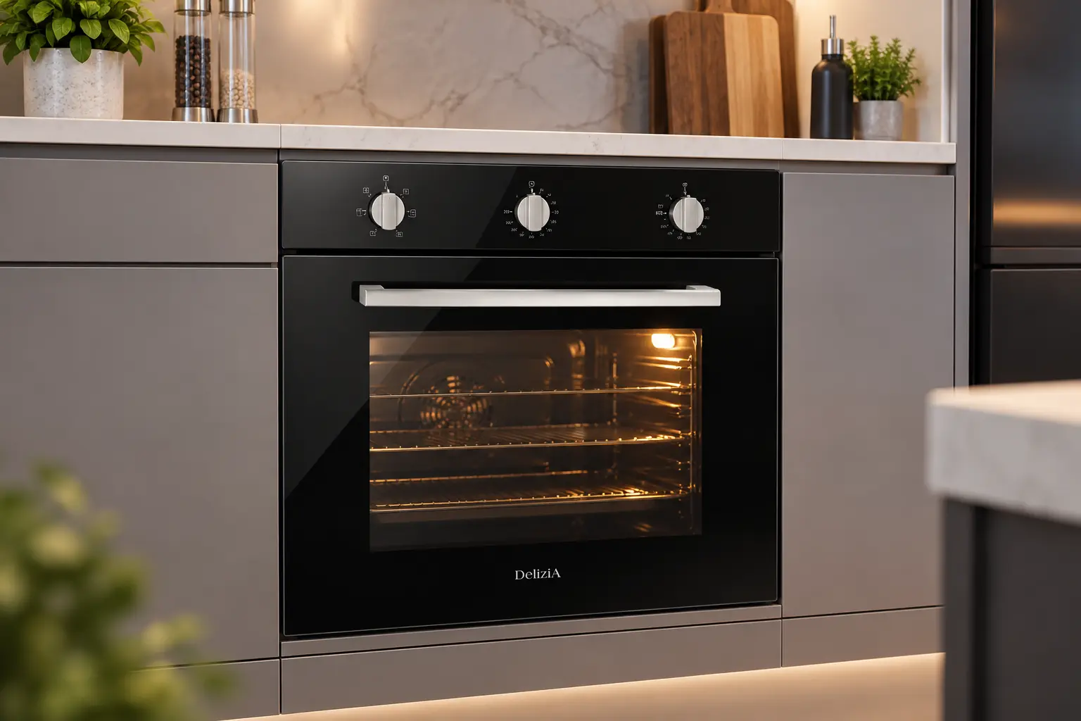 Oven tanam Delizia dengan pencahayaan hangat di dapur modern