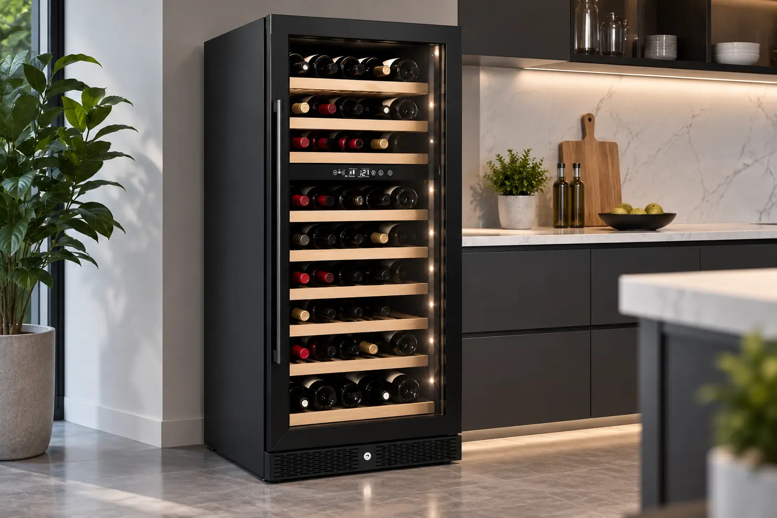 Wine cooler Delizia modern dengan rak botol di dapur